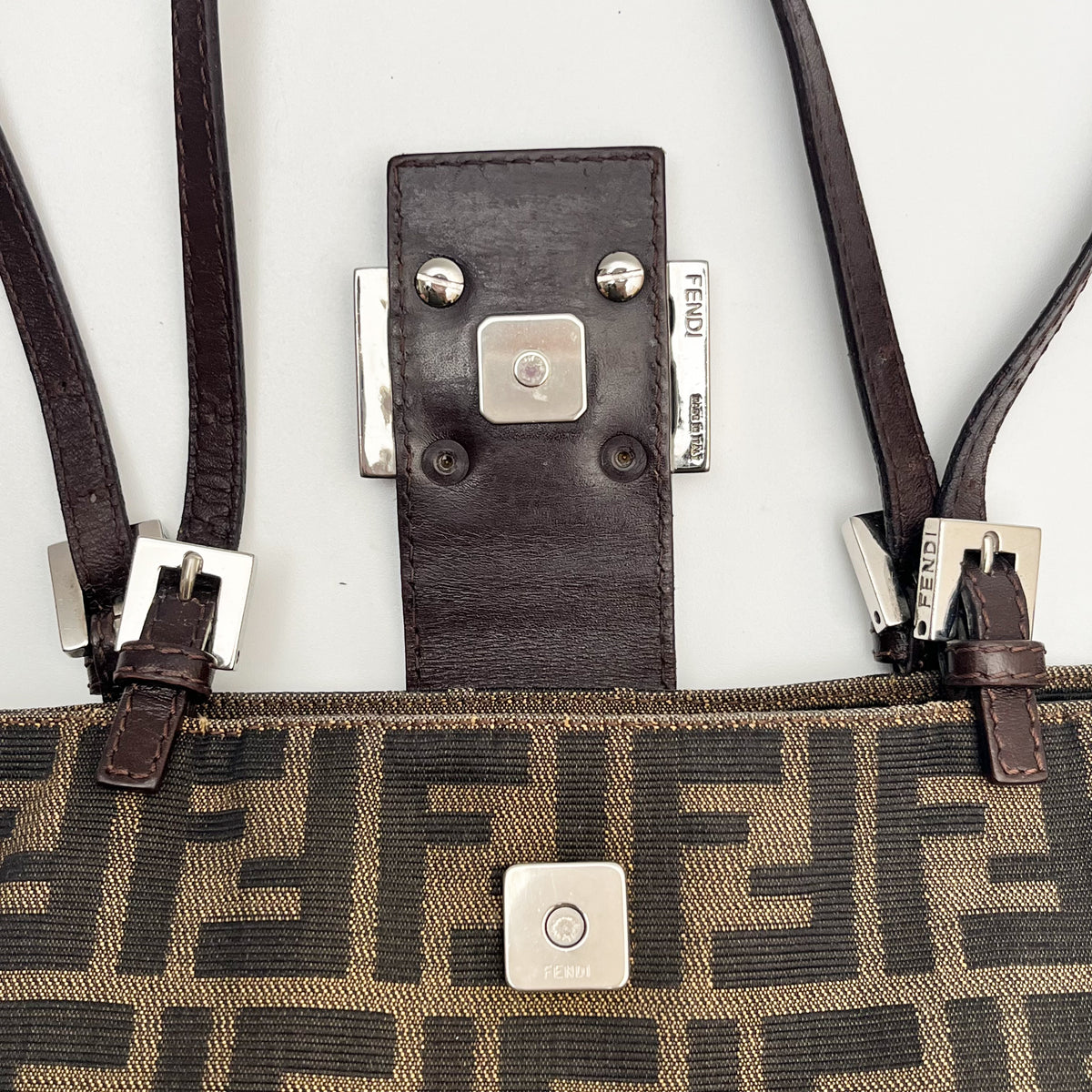 FENDI Zucca Shoulder Bag Canvas Leather Brown Mamma Beige Auth From Japan
