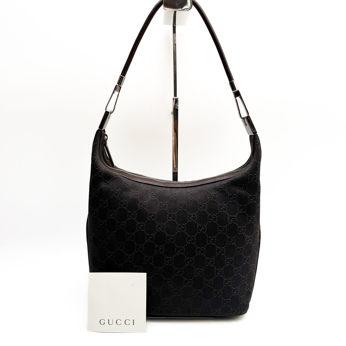 GUCCI 1234 GG Canvas Shoulder Bag Hobo Brown Leather Trim Authentic From Japan