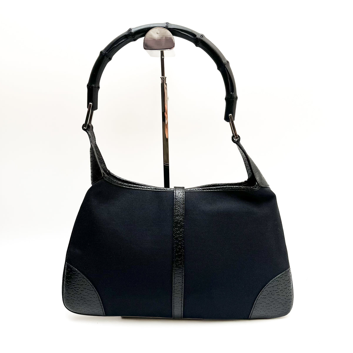 GUCCI Bamboo One Shoulder Bag Canvas Leather Black GG Pattern Vintage Auth