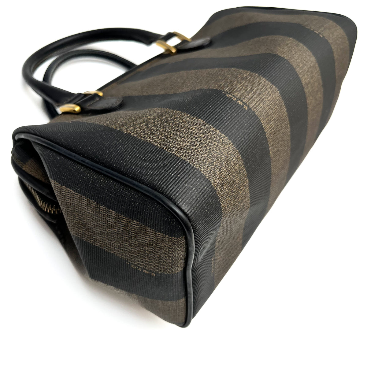 FENDI Pecan Stripe PVC Handbag Black Gold Hardware Vintage Authentic From Japan