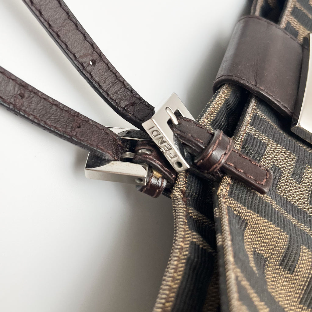 FENDI Zucca Shoulder Bag Canvas Leather Brown Mamma Beige Auth From Japan