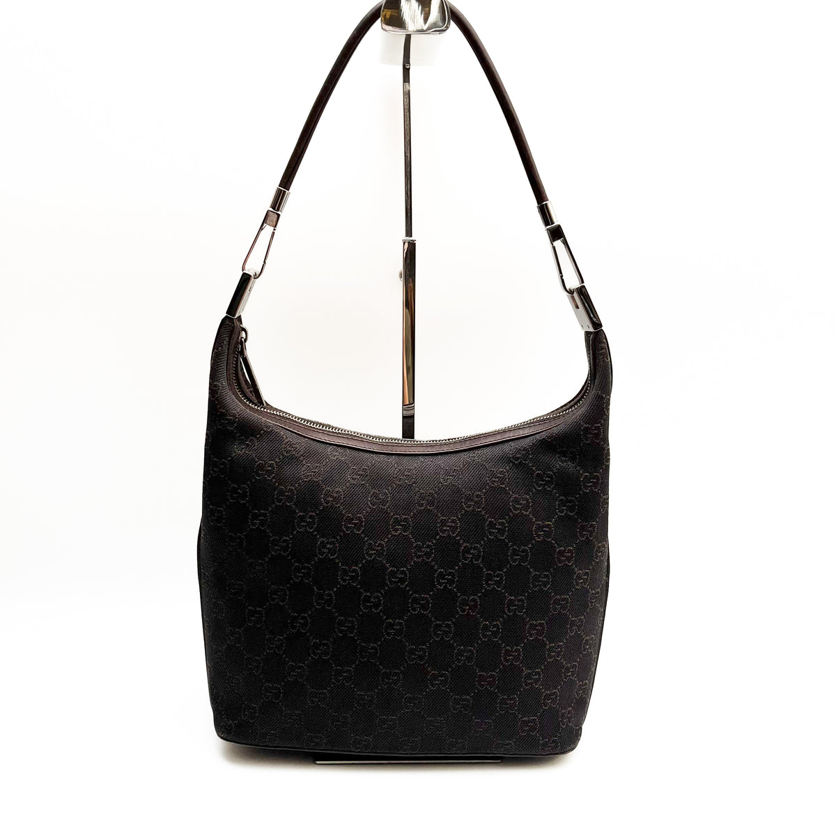 GUCCI 1234 GG Canvas Shoulder Bag Hobo Brown Leather Trim Authentic From Japan