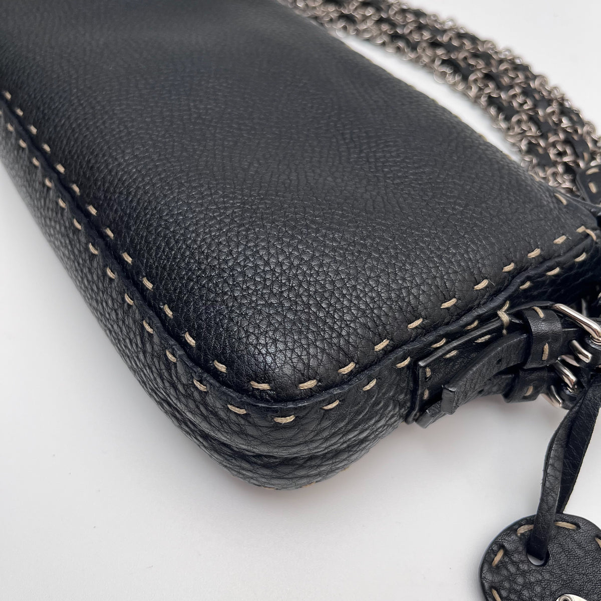 FENDI Selleria Chain Shoulder Hand Bag Black Leather Stitch Authentic From Japan