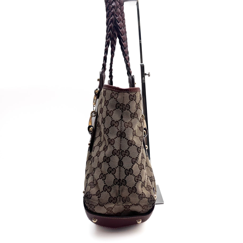 GUCCI 137621 Horsebit GG Canvas Tote Bag Braided Leather Handle Auth From JP