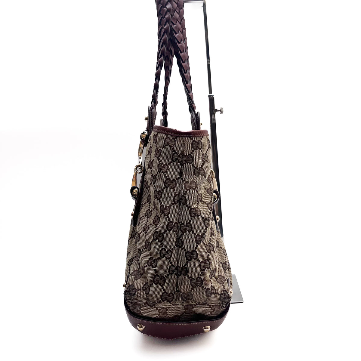 GUCCI 137621 Horsebit GG Canvas Tote Bag Braided Leather Handle Auth From JP