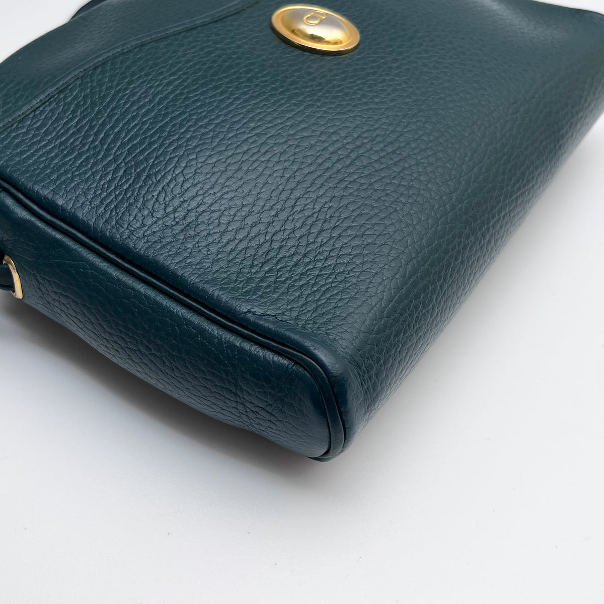DIOR Oval Shoulder Bag Leather CD Logo Dark Green Gold Vintage Auth From Japan