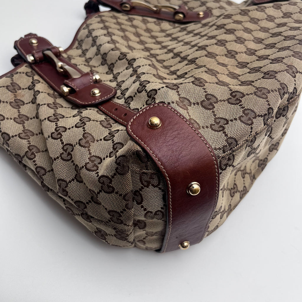 GUCCI 137621 Horsebit GG Canvas Tote Bag Braided Leather Handle Auth From JP