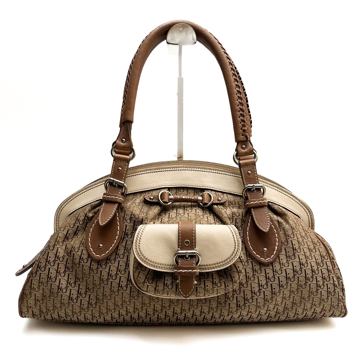 CHRISTIAN DIOR Trotter Frame Satchel Hand Bag Canvas Beige Leather Vintage Auth