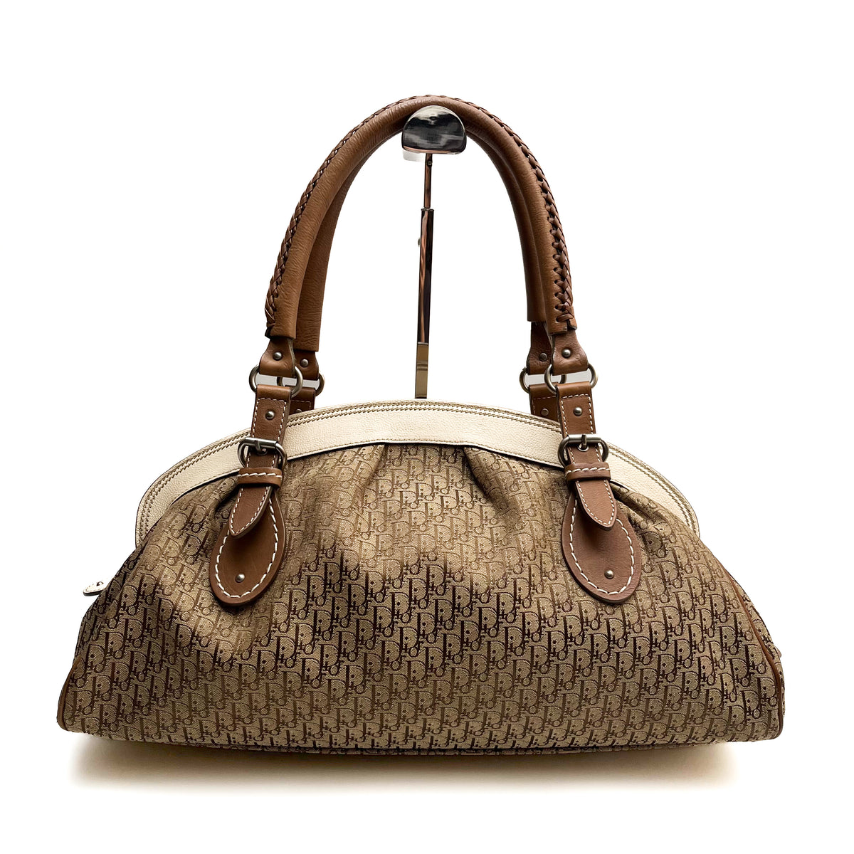 CHRISTIAN DIOR Trotter Frame Satchel Hand Bag Canvas Beige Leather Vintage Auth