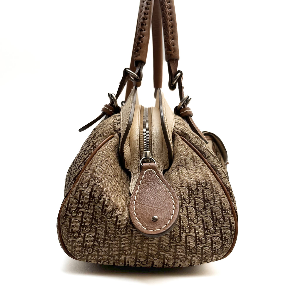 CHRISTIAN DIOR Trotter Frame Satchel Hand Bag Canvas Beige Leather Vintage Auth
