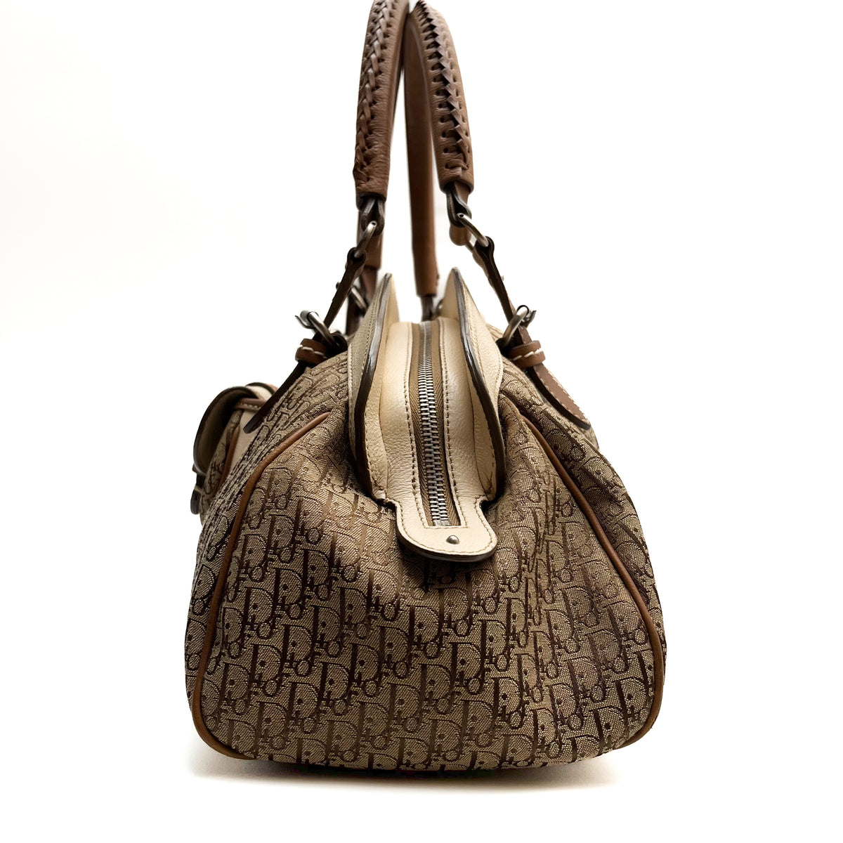 CHRISTIAN DIOR Trotter Frame Satchel Hand Bag Canvas Beige Leather Vintage Auth