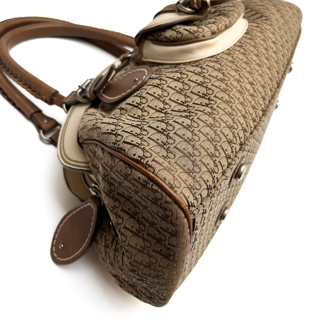 CHRISTIAN DIOR Trotter Frame Satchel Hand Bag Canvas Beige Leather Vintage Auth