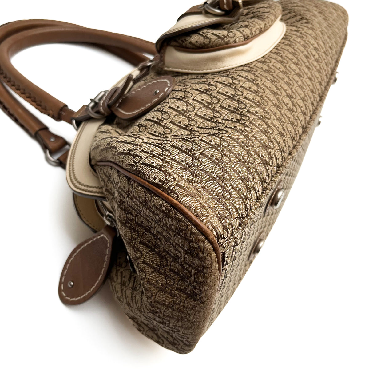 CHRISTIAN DIOR Trotter Frame Satchel Hand Bag Canvas Beige Leather Vintage Auth
