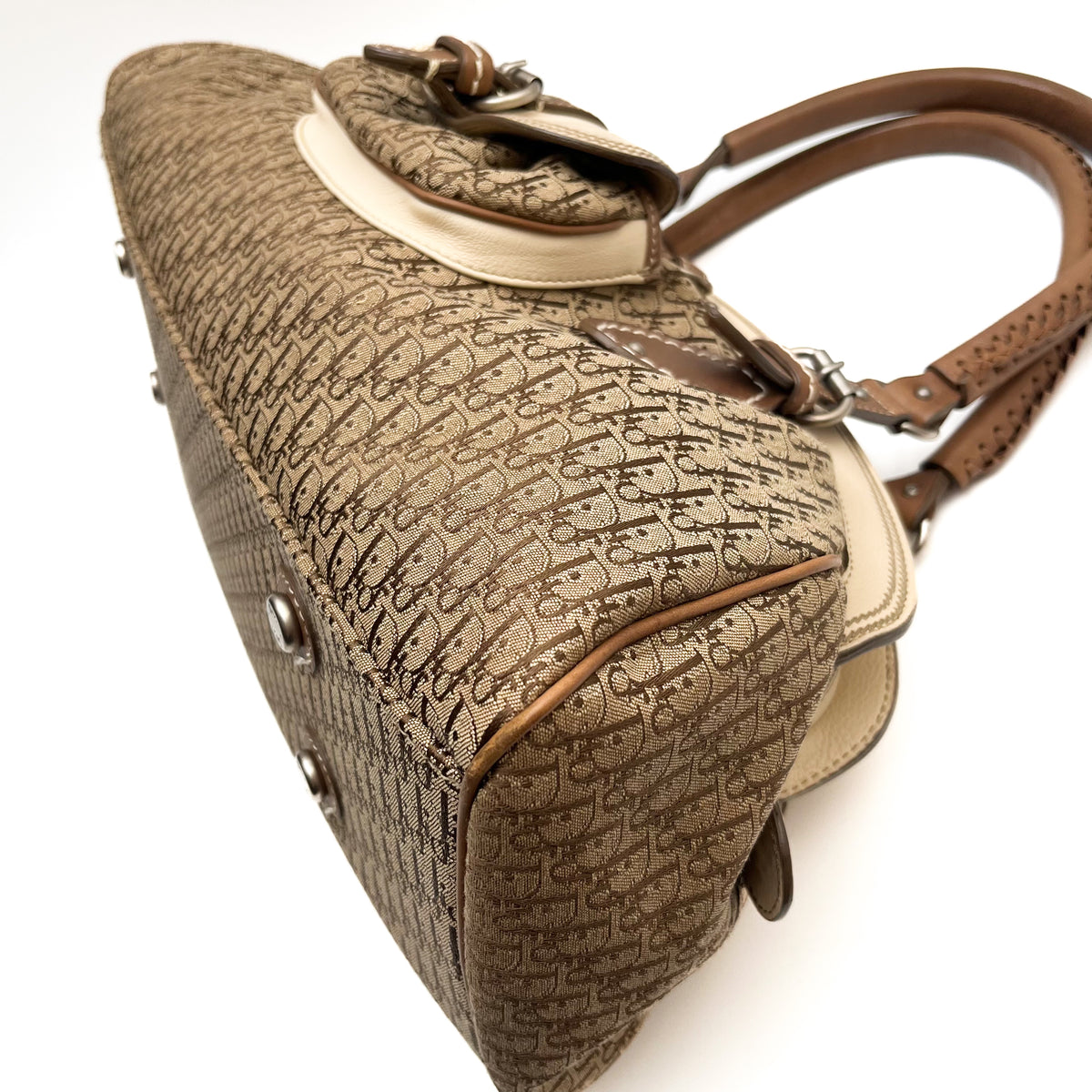 CHRISTIAN DIOR Trotter Frame Satchel Hand Bag Canvas Beige Leather Vintage Auth