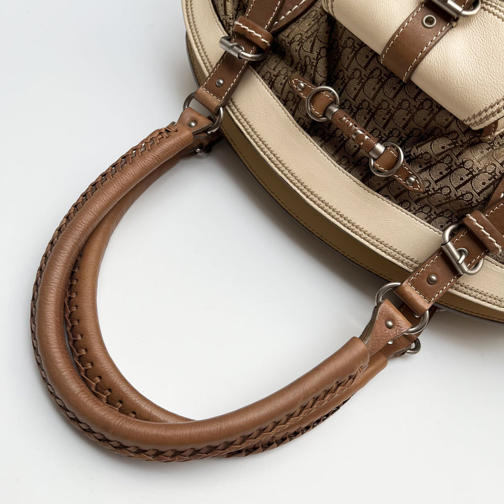 CHRISTIAN DIOR Trotter Frame Satchel Hand Bag Canvas Beige Leather Vintage Auth