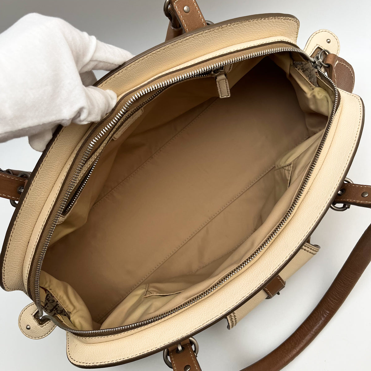 CHRISTIAN DIOR Trotter Frame Satchel Hand Bag Canvas Beige Leather Vintage Auth