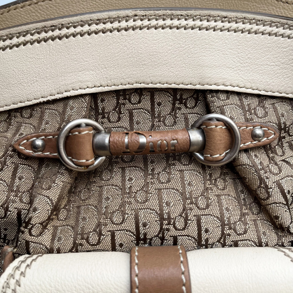 CHRISTIAN DIOR Trotter Frame Satchel Hand Bag Canvas Beige Leather Vintage Auth