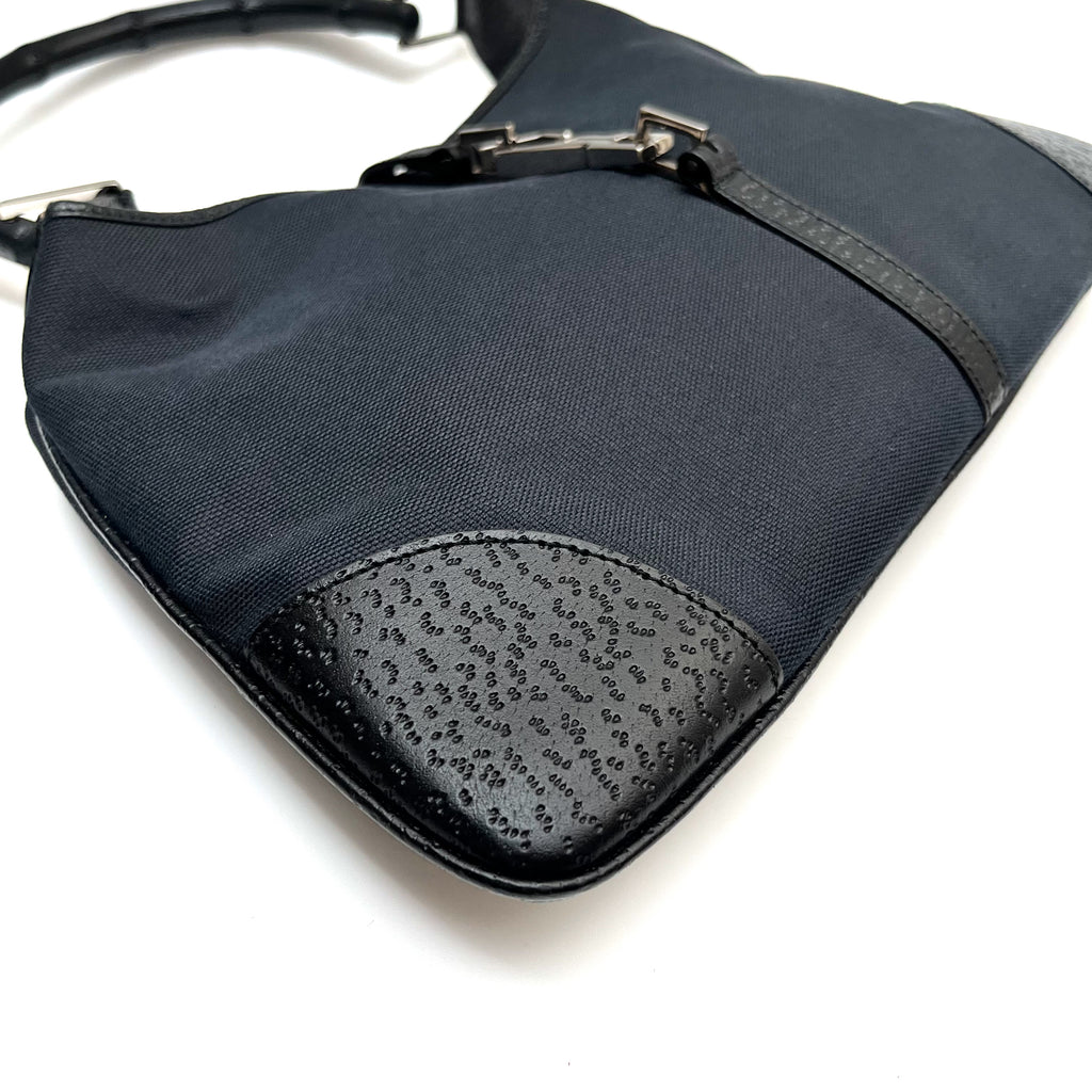 GUCCI Bamboo One Shoulder Bag Canvas Leather Black GG Pattern Vintage Auth