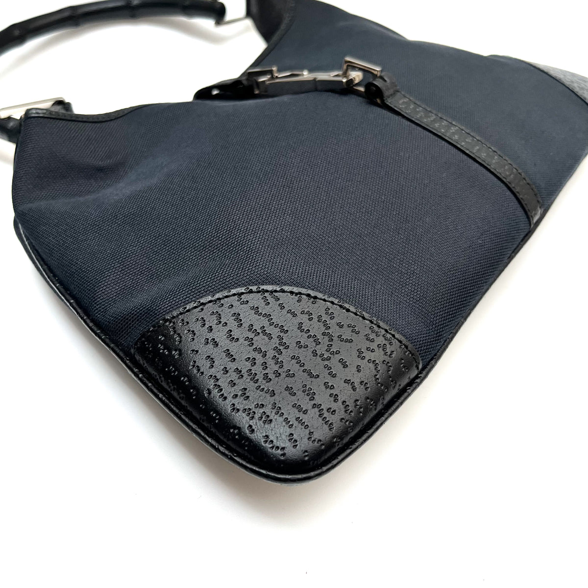 GUCCI Bamboo One Shoulder Bag Canvas Leather Black GG Pattern Vintage Auth