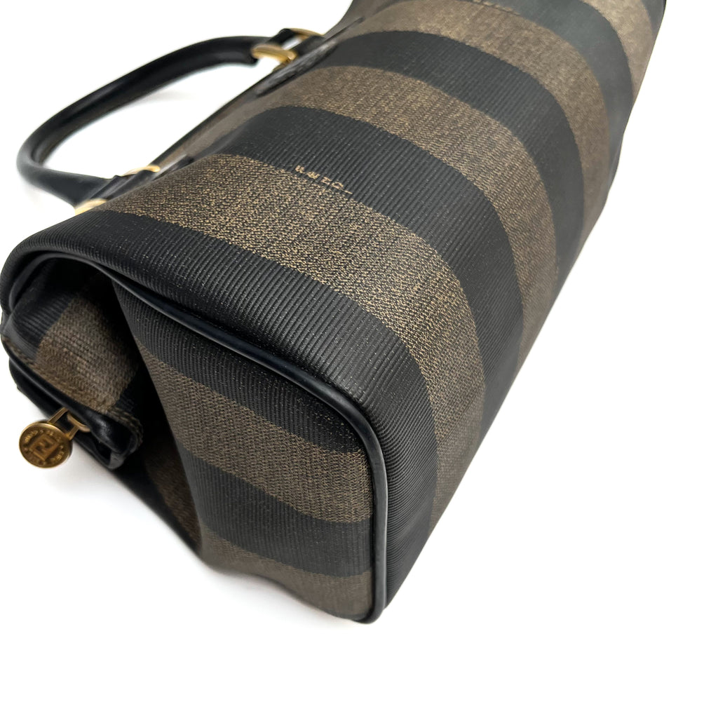 FENDI Pecan Stripe PVC Handbag Black Gold Hardware Vintage Authentic From Japan