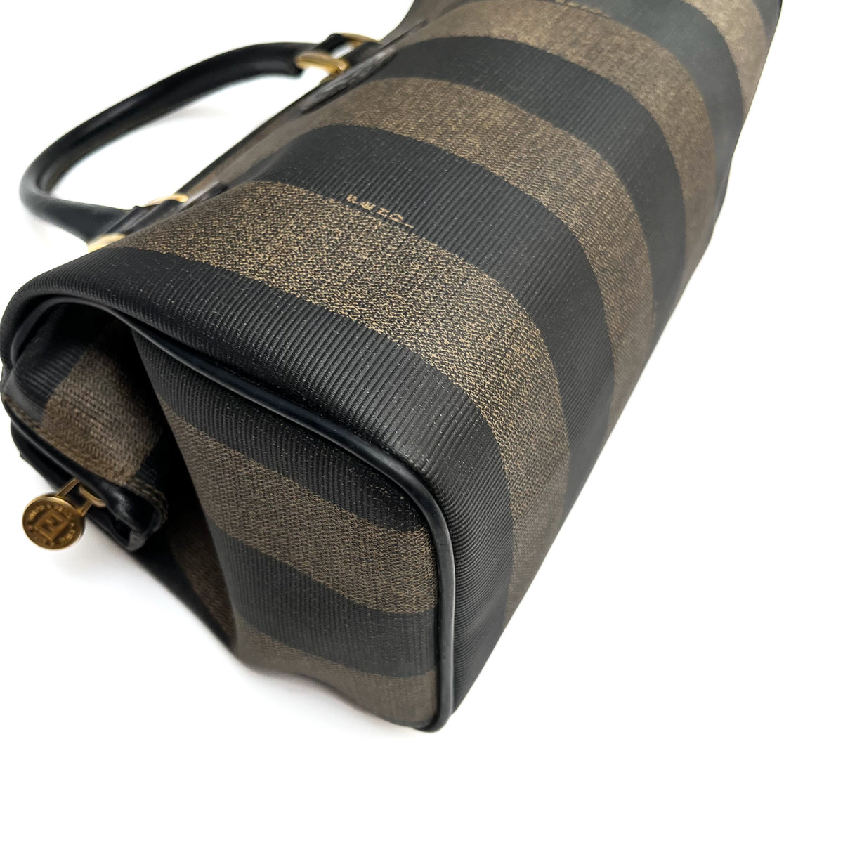 FENDI Pecan Stripe PVC Handbag Black Gold Hardware Vintage Authentic From Japan