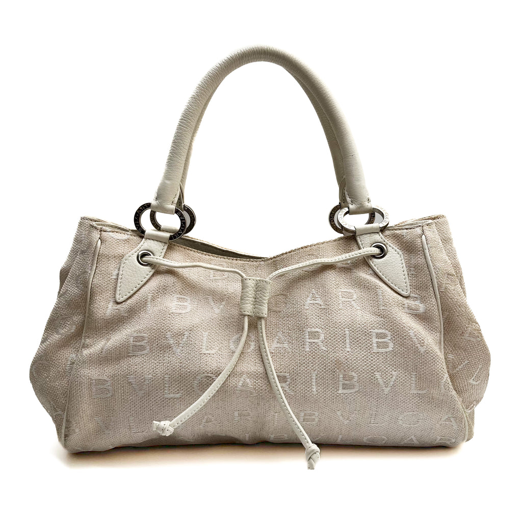 BVLGARI Logo Mania Handbag Shoulder Canvas Leather Beige Drawstring Authentic