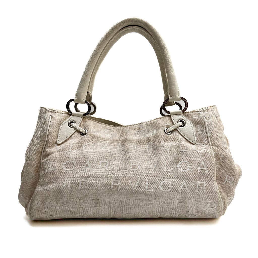 BVLGARI Logo Mania Handbag Shoulder Canvas Leather Beige Drawstring Authentic
