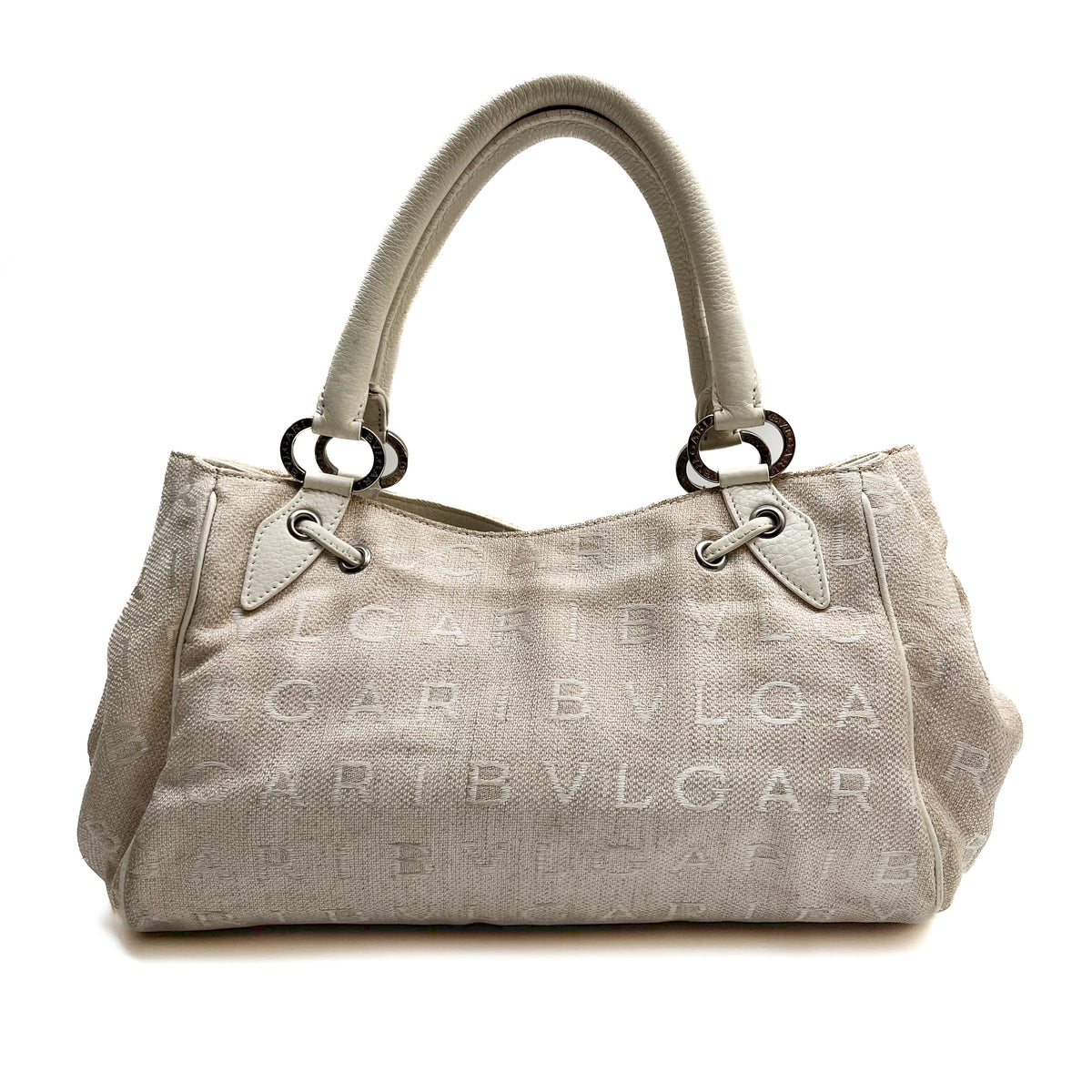 BVLGARI Logo Mania Handbag Shoulder Canvas Leather Beige Drawstring Authentic
