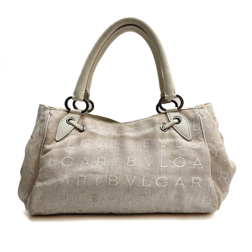 BVLGARI Logo Mania Handbag Shoulder Canvas Leather Beige Drawstring Authentic