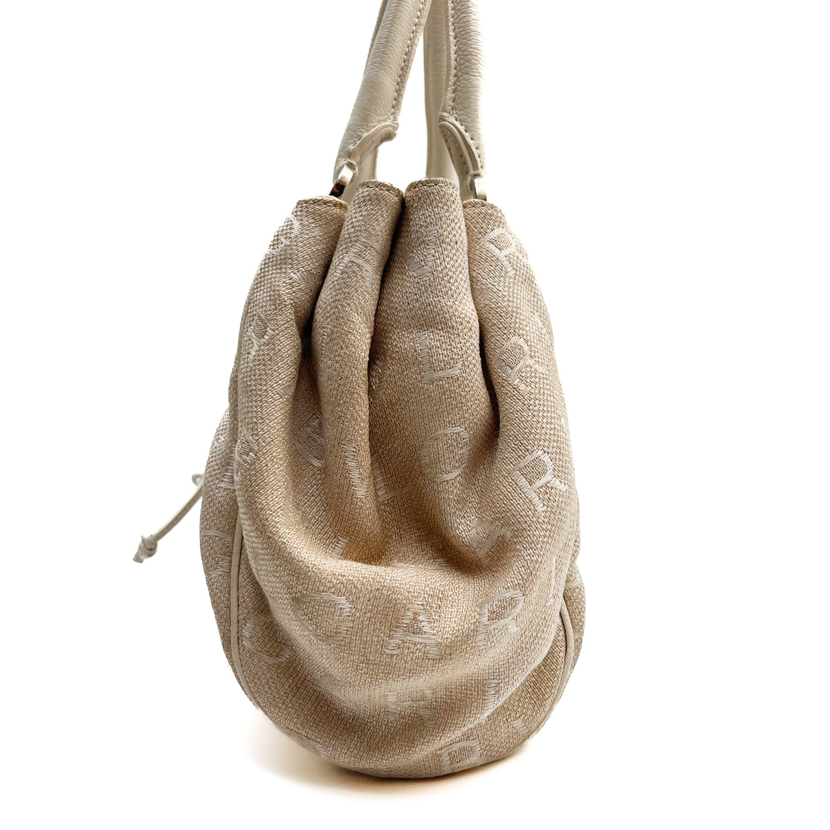 BVLGARI Logo Mania Handbag Shoulder Canvas Leather Beige Drawstring Authentic
