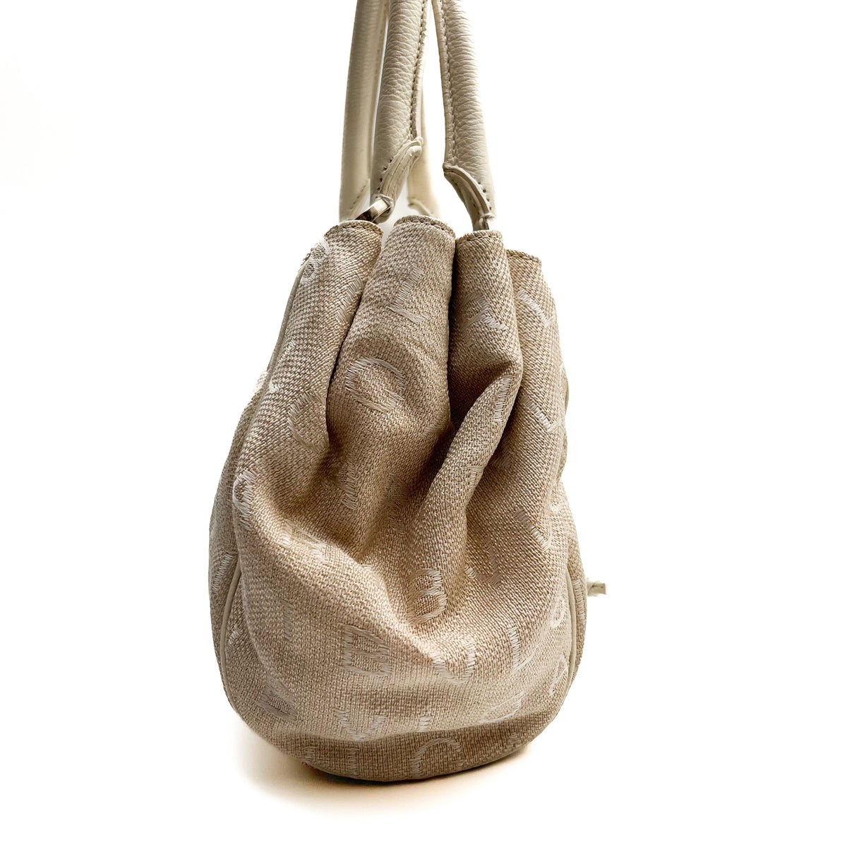BVLGARI Logo Mania Handbag Shoulder Canvas Leather Beige Drawstring Authentic