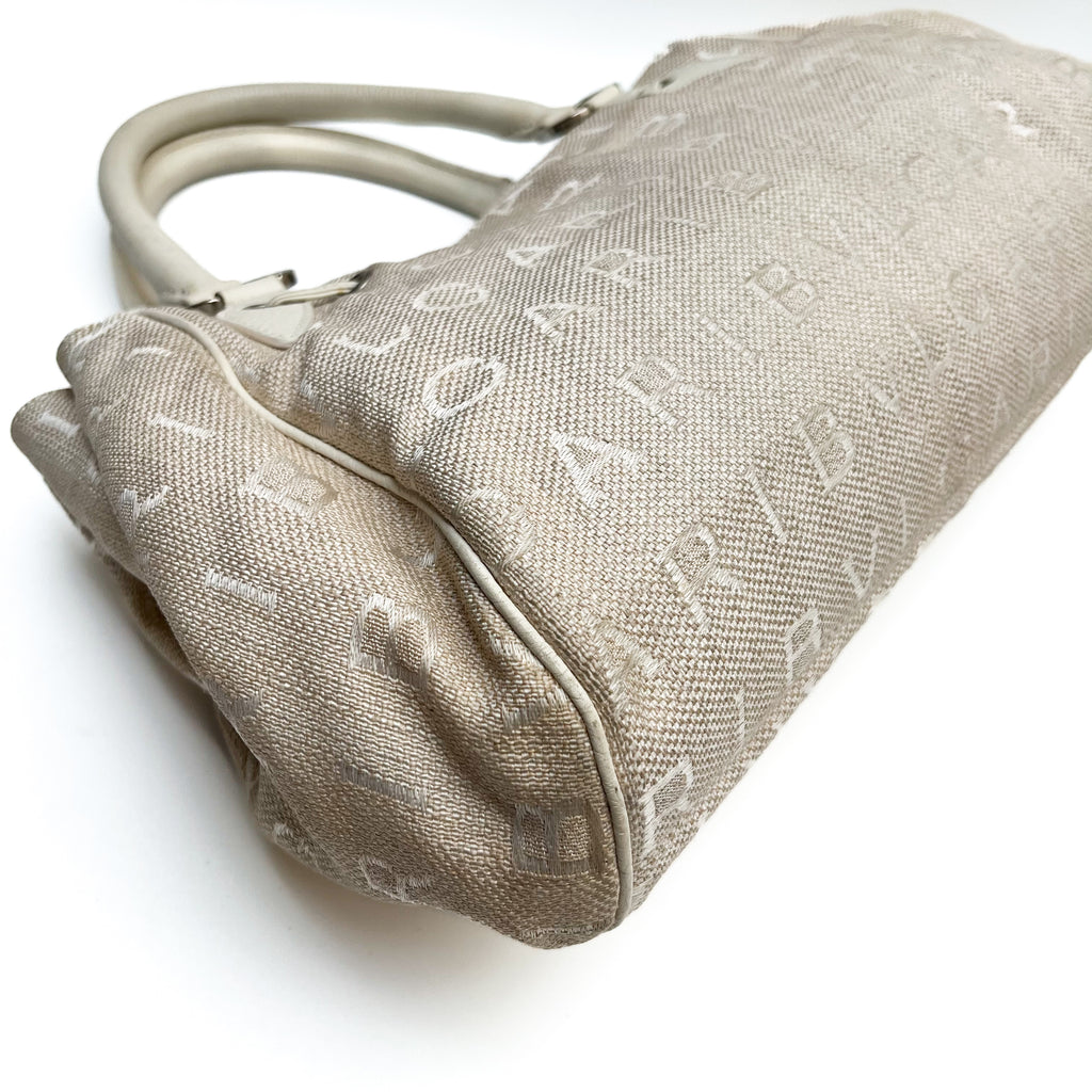 BVLGARI Logo Mania Handbag Shoulder Canvas Leather Beige Drawstring Authentic