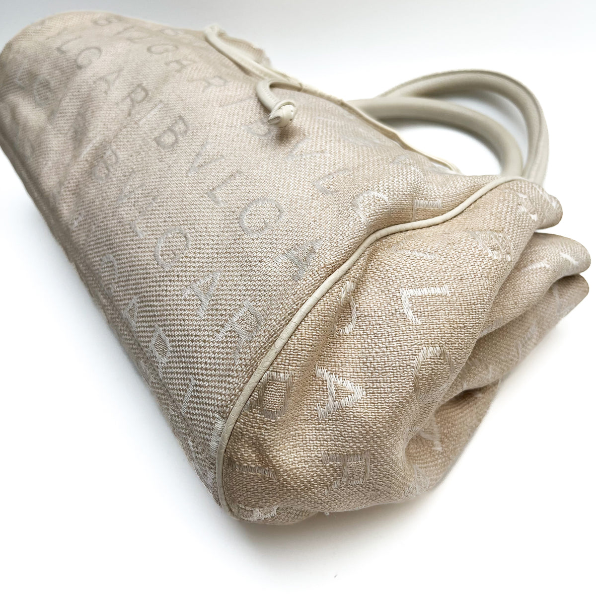 BVLGARI Logo Mania Handbag Shoulder Canvas Leather Beige Drawstring Authentic