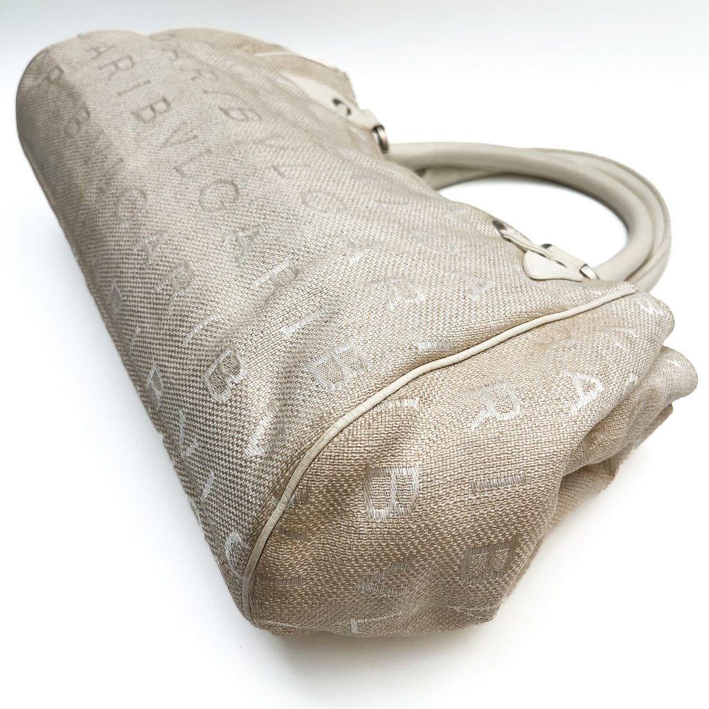 BVLGARI Logo Mania Handbag Shoulder Canvas Leather Beige Drawstring Authentic