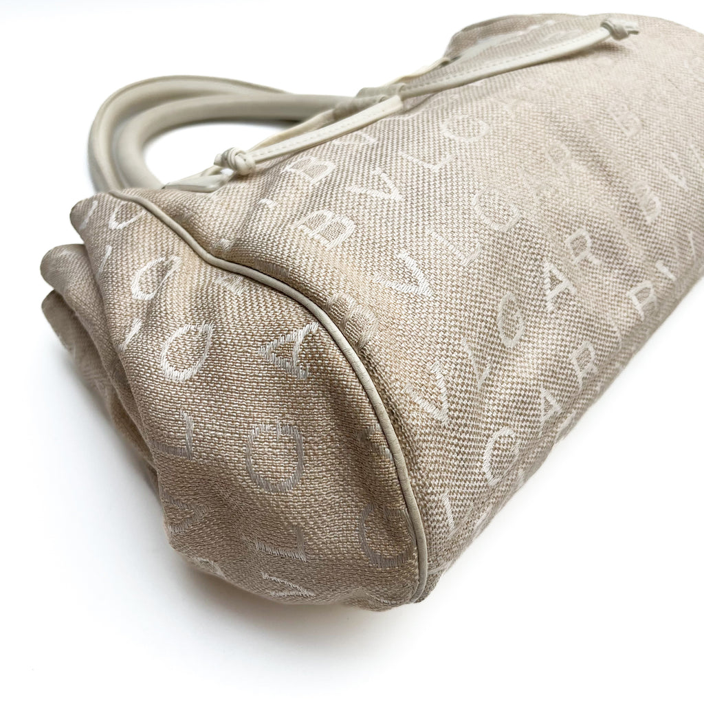 BVLGARI Logo Mania Handbag Shoulder Canvas Leather Beige Drawstring Authentic