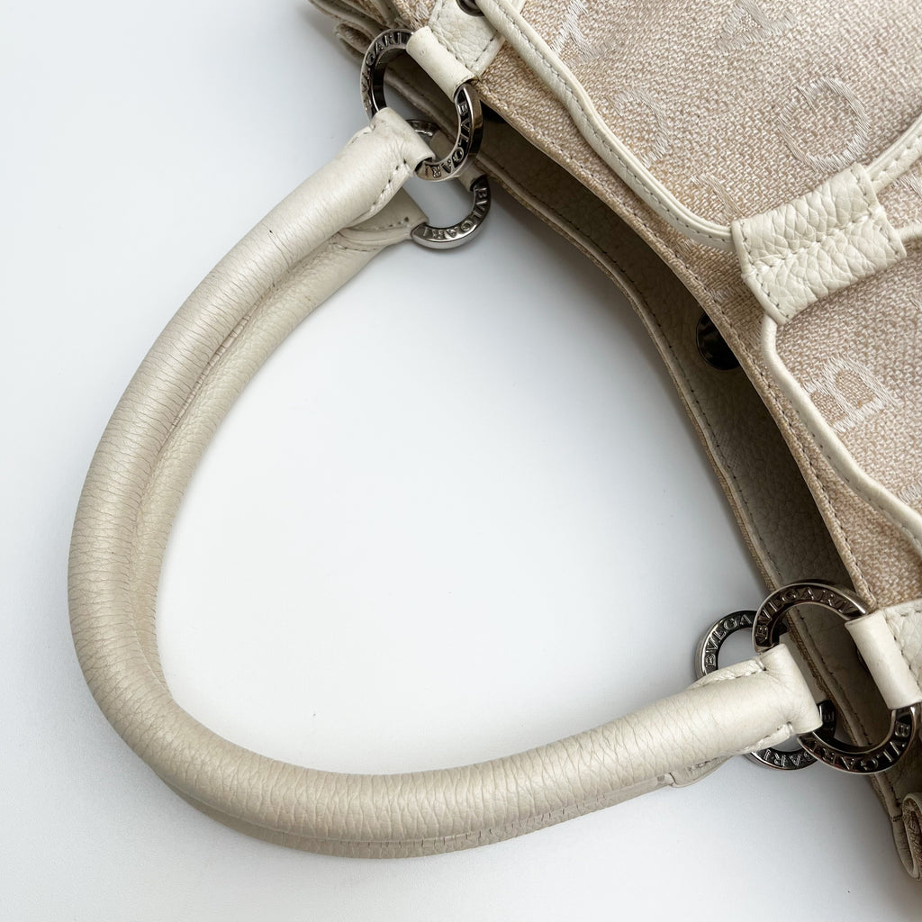 BVLGARI Logo Mania Handbag Shoulder Canvas Leather Beige Drawstring Authentic