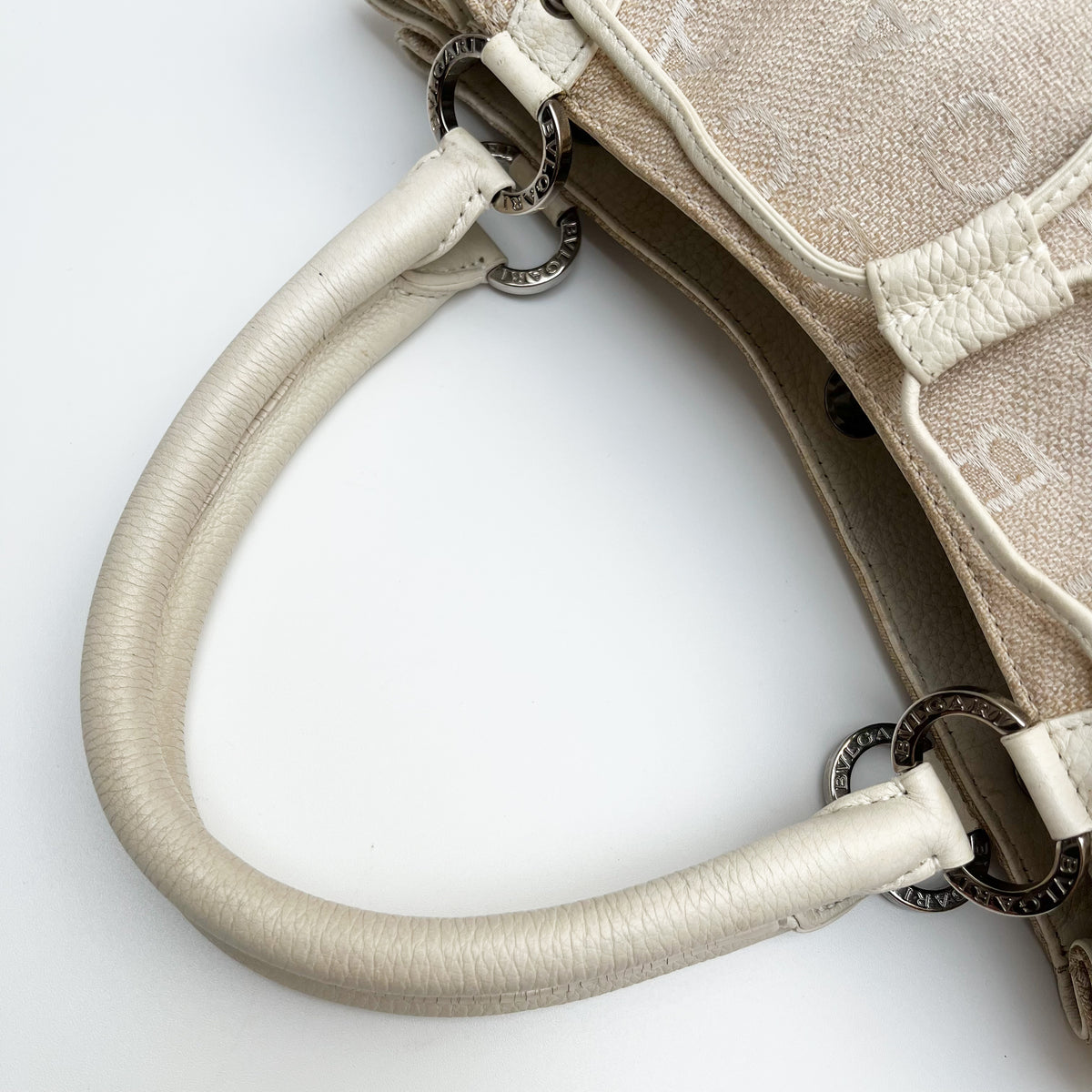 BVLGARI Logo Mania Handbag Shoulder Canvas Leather Beige Drawstring Authentic