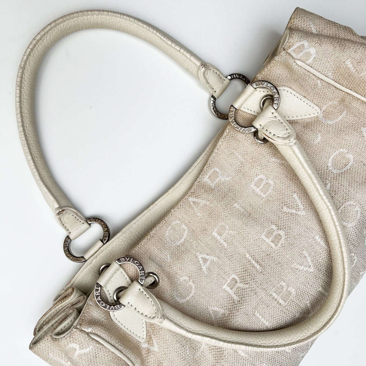 BVLGARI Logo Mania Handbag Shoulder Canvas Leather Beige Drawstring Authentic