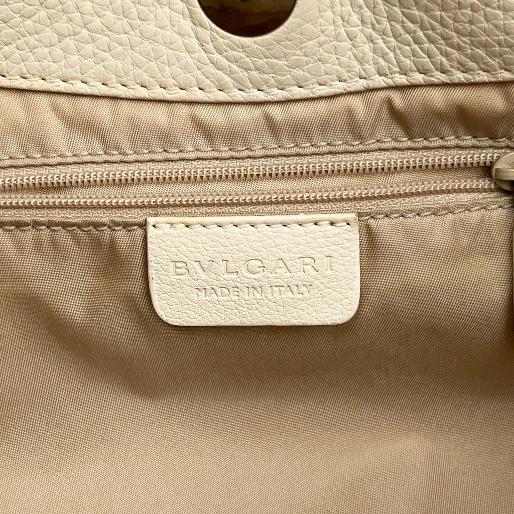 BVLGARI Logo Mania Handbag Shoulder Canvas Leather Beige Drawstring Authentic