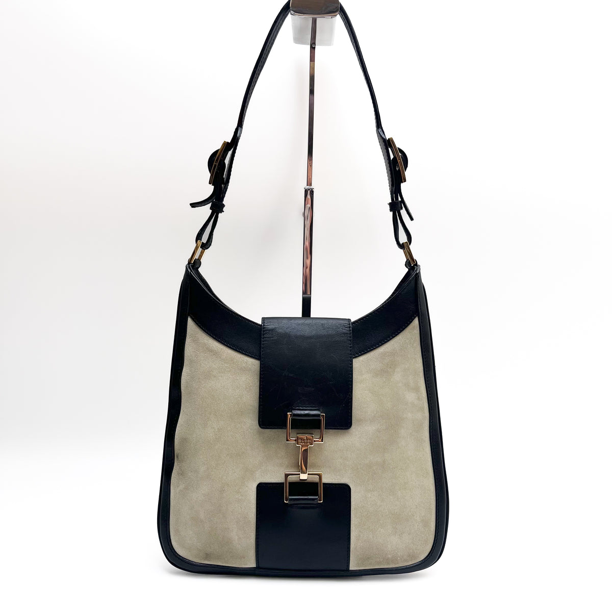 GUCCI 0014139 Shoulder Bag Suede Leather Beige Black Jackie Vintage Auth From JP