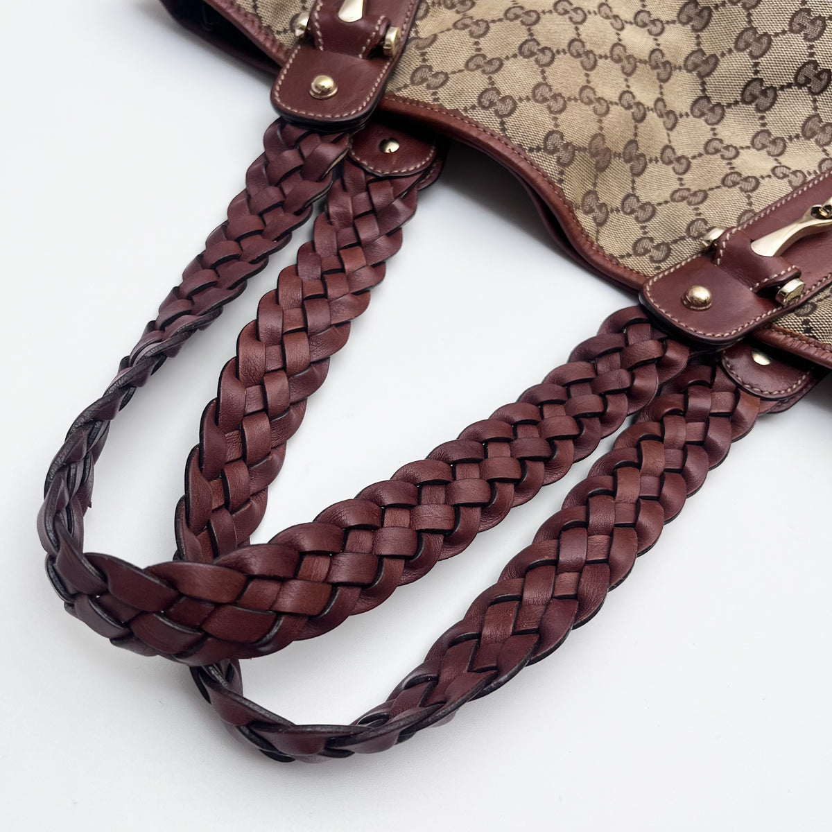 GUCCI 137621 Horsebit GG Canvas Tote Bag Braided Leather Handle Auth From JP