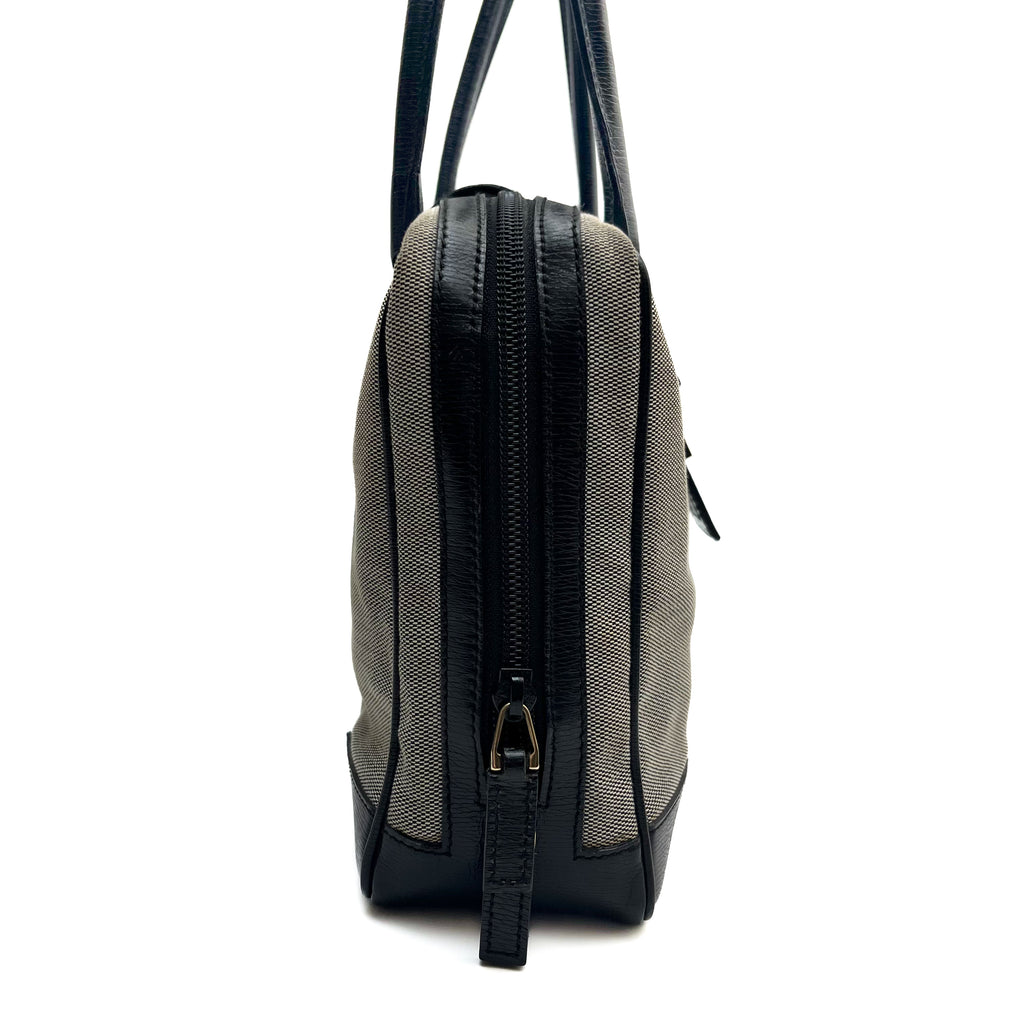 GUCCI Logo Canvas Satchel Handbag Black Leather Trim Gold Hardware Vintage Auth