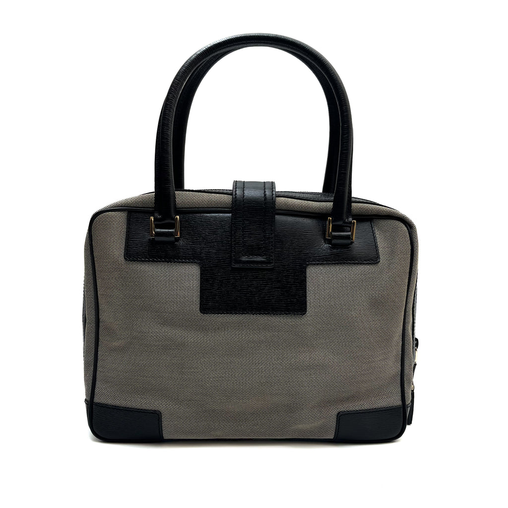 GUCCI Logo Canvas Satchel Handbag Black Leather Trim Gold Hardware Vintage Auth