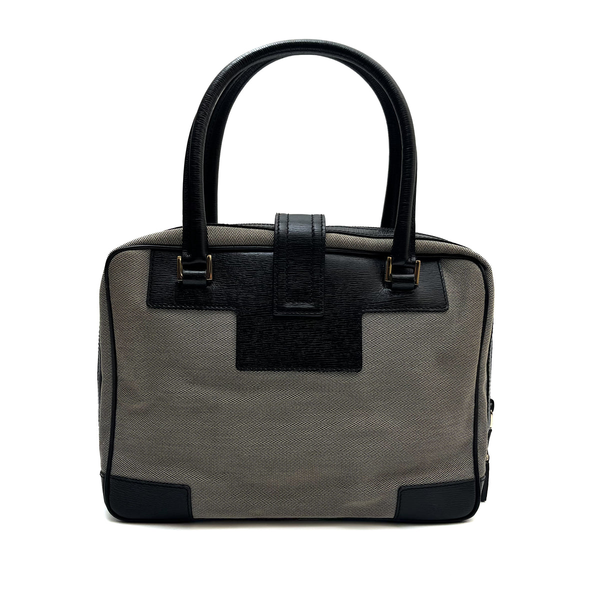 GUCCI Logo Canvas Satchel Handbag Black Leather Trim Gold Hardware Vintage Auth
