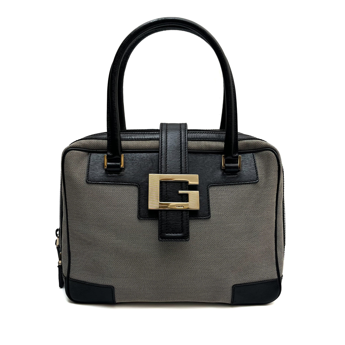 GUCCI Logo Canvas Satchel Handbag Black Leather Trim Gold Hardware Vintage Auth