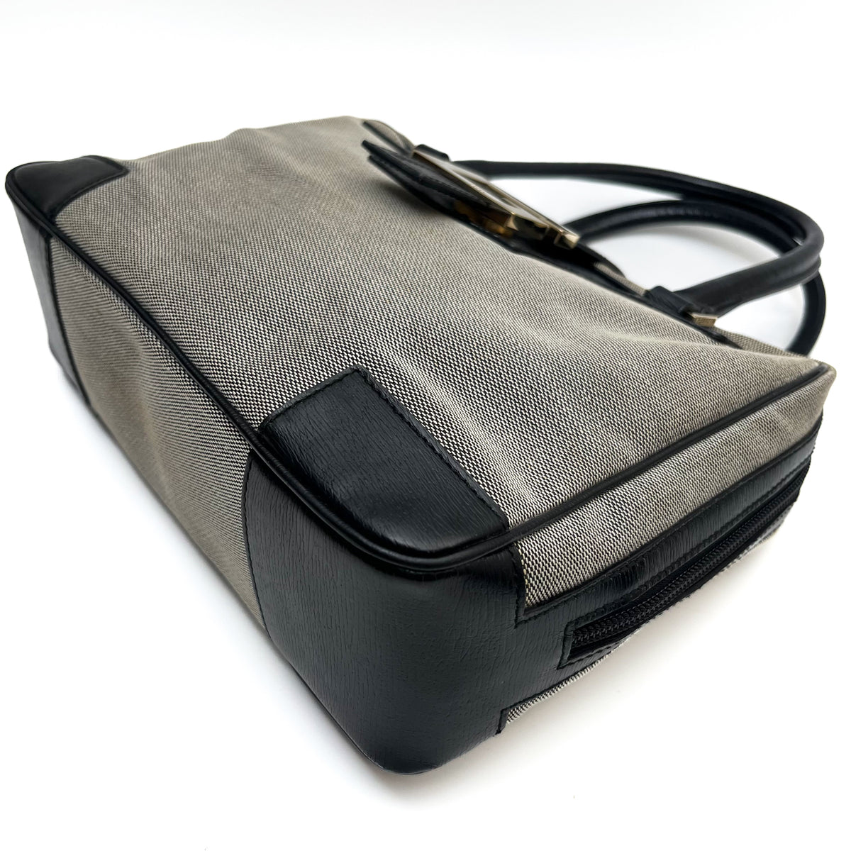 GUCCI Logo Canvas Satchel Handbag Black Leather Trim Gold Hardware Vintage Auth