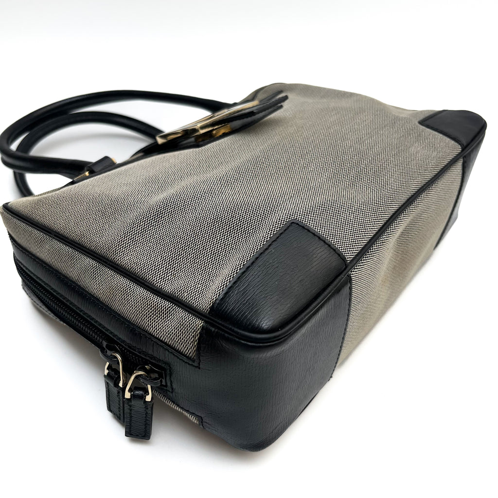 GUCCI Logo Canvas Satchel Handbag Black Leather Trim Gold Hardware Vintage Auth