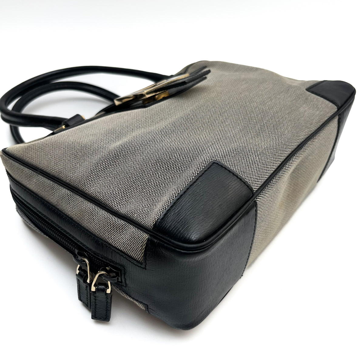 GUCCI Logo Canvas Satchel Handbag Black Leather Trim Gold Hardware Vintage Auth