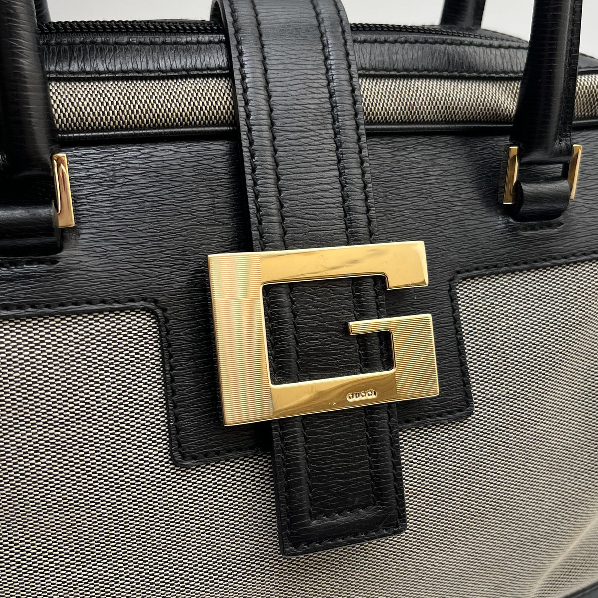 GUCCI Logo Canvas Satchel Handbag Black Leather Trim Gold Hardware Vintage Auth