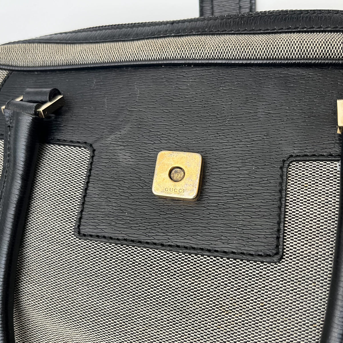 GUCCI Logo Canvas Satchel Handbag Black Leather Trim Gold Hardware Vintage Auth